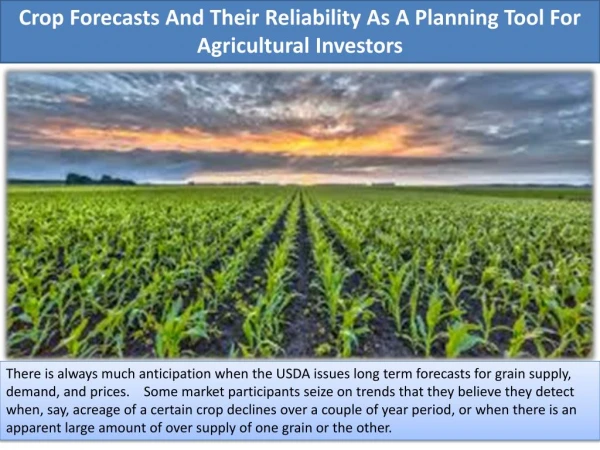 Crop Forecasts And Their Reliability As A Planning Tool For Agricultural Investors