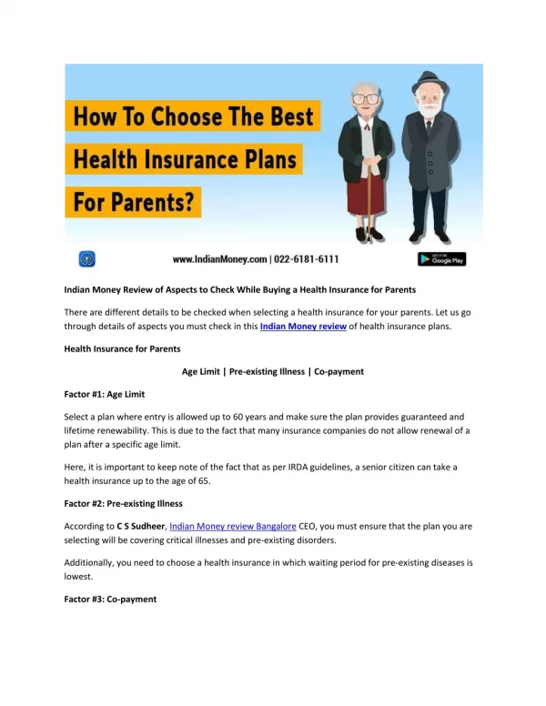 Indian Money Review of Aspects to Check While Buying a Health Insurance for Parents