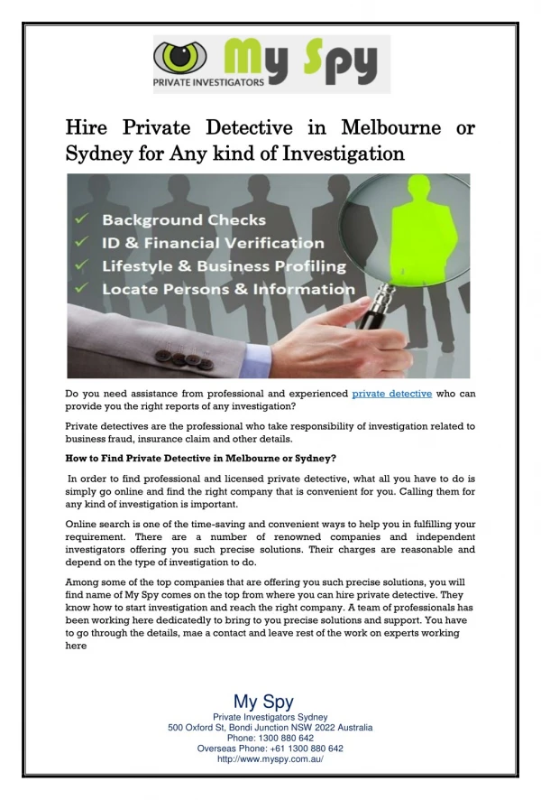 Hire Private Detective in Melbourne or Sydney for Any kind of Investigation