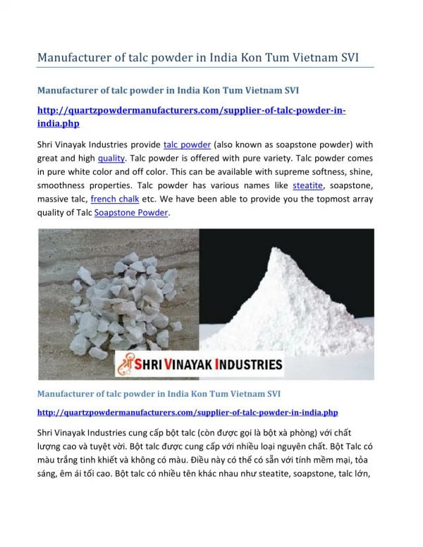 Manufacturer of talc powder in India Kon Tum Vietnam SVI