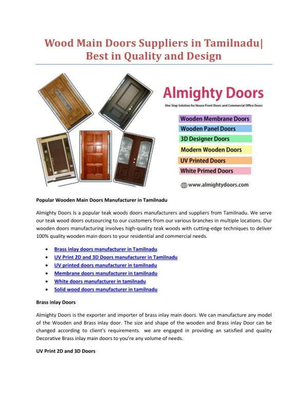Wood Main Doors Suppliers in Tamilnadu| Best in Quality and Design