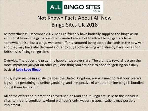 Not Known Facts About All New Bingo Sites UK 2018