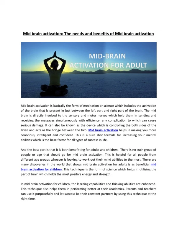 Mid brain activation: The needs and benefits of Mid brain activation