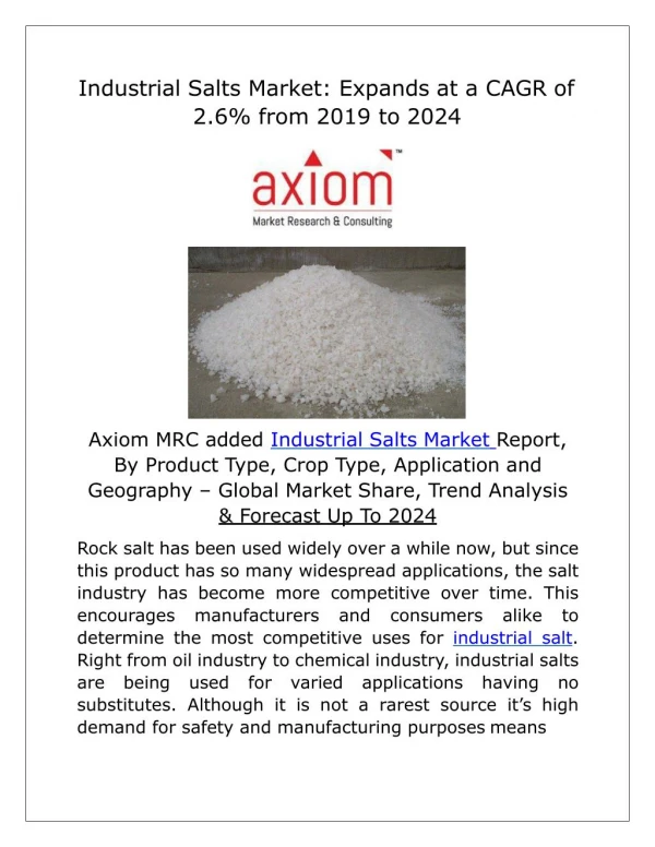Industrial Salts Market worth in USD million by 2024