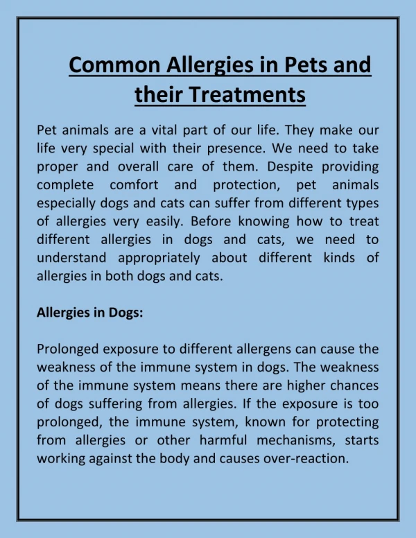Common Allergies in Pets and their Treatments