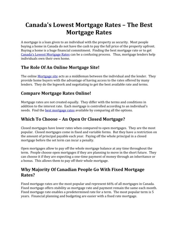 Canada's Lowest Mortgage Rates