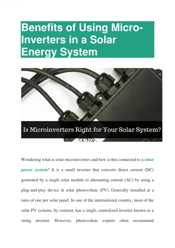 Benefits of Using Micro-Inverters in a solar Energy System
