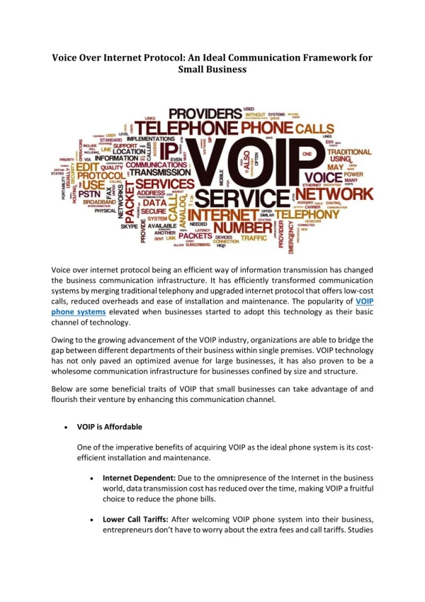 Voice Over Internet Protocol: An Ideal Communication Framework for Small Business