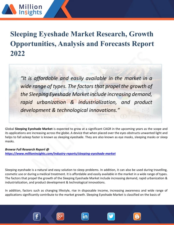 Sleeping Eyeshade Market 2022 Forecast Size, Share and Manufacturing Cost Analysis