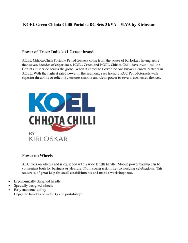 KOEL Green Chhota Chilli Portable DG Sets 3 kVA – 5kVA by Kirloskar