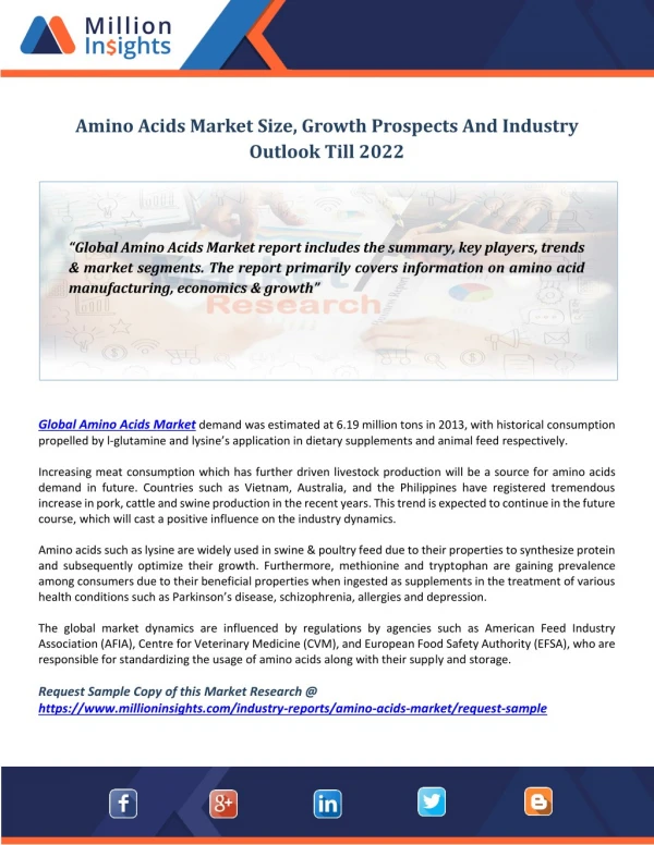 Amino Acids Market: In-depth Study by Key Reasons, Product Segments and Application to 2025