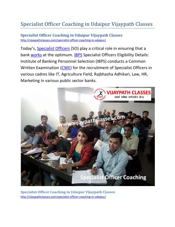 Specialist Officer Coaching in Udaipur Vijaypath Classes