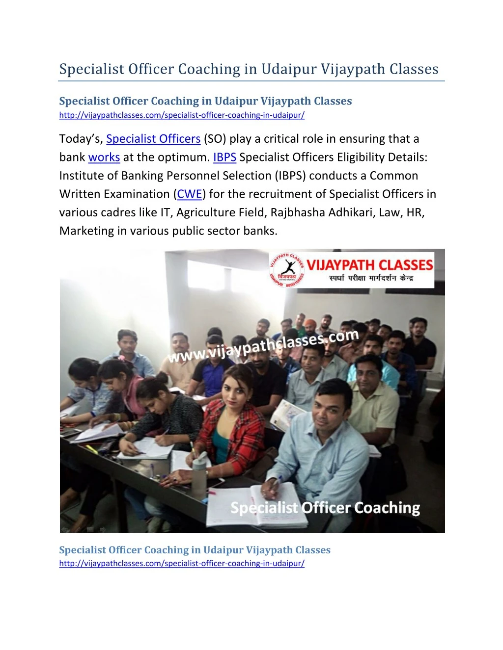 specialist officer coaching in udaipur vijaypath