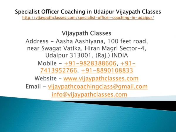 Specialist Officer Coaching in Udaipur Vijaypath Classes