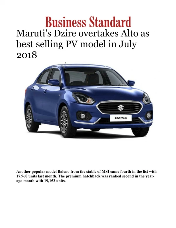 Maruti's Dzire overtakes Alto as best selling PV model in July 2018 