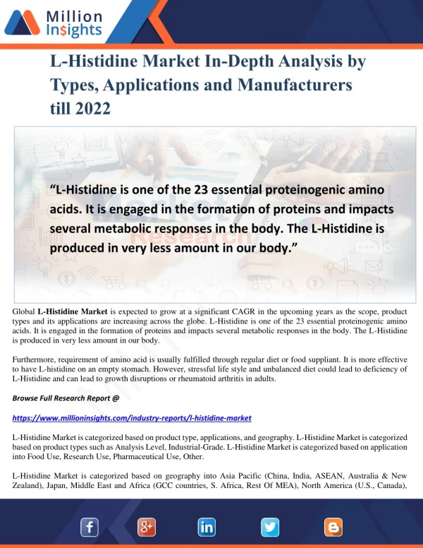 L-Histidine Market In-Depth Analysis by Types, Applications and Manufacturers till 2022