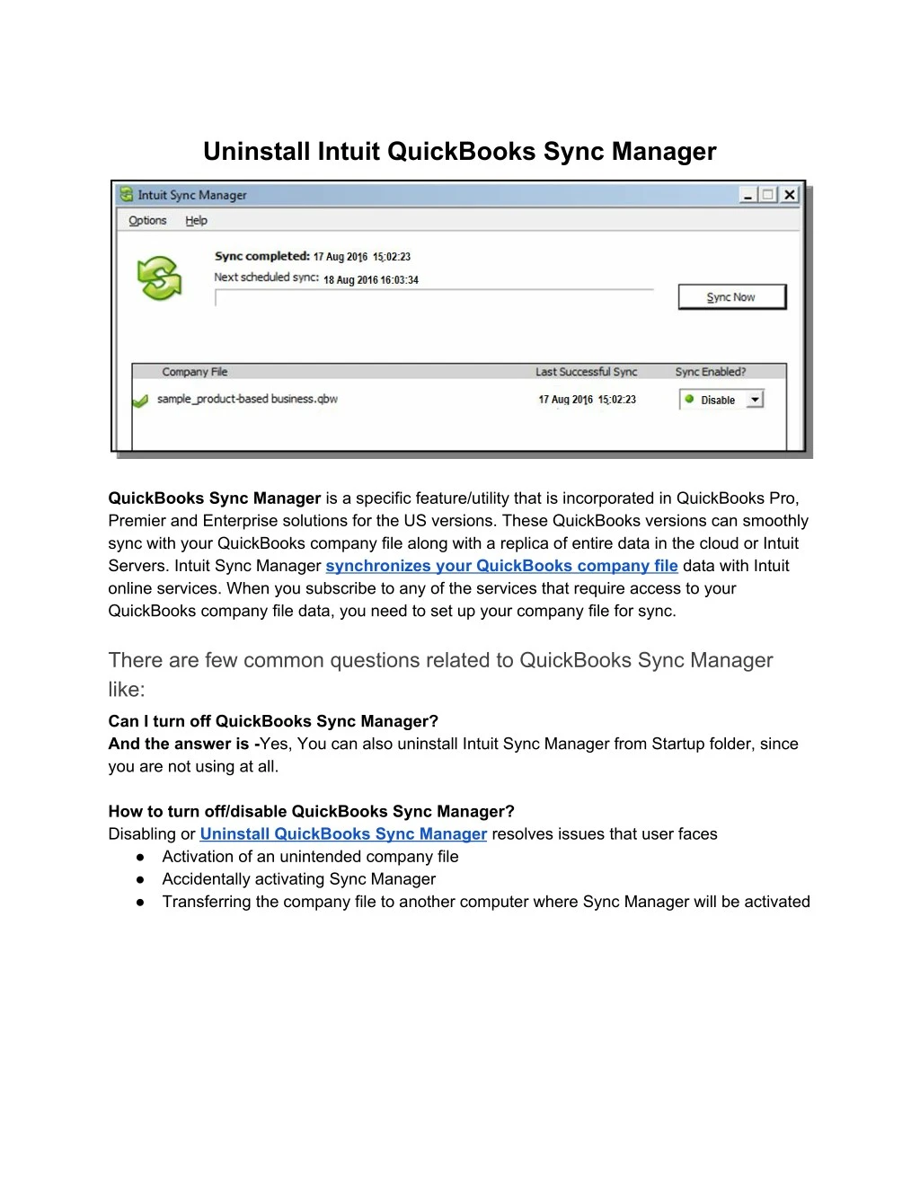 uninstall intuit quickbooks sync manager