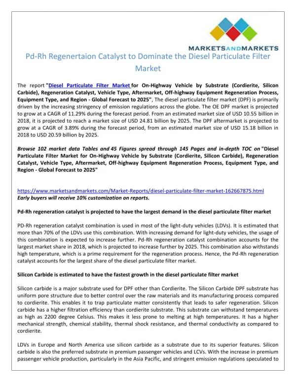 Pd-Rh Regenertaion Catalyst to Dominate the DPF Market