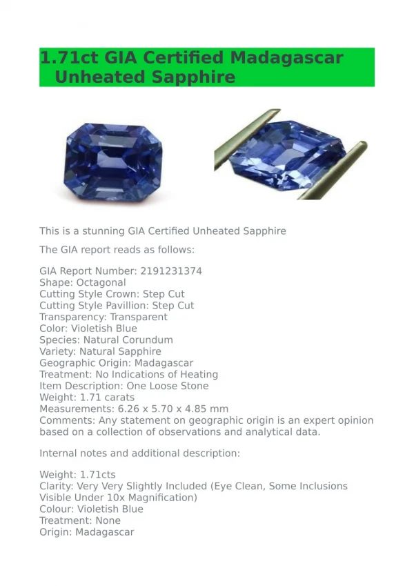 1.71ct GIA Certified Madagascar Unheated Sapphire