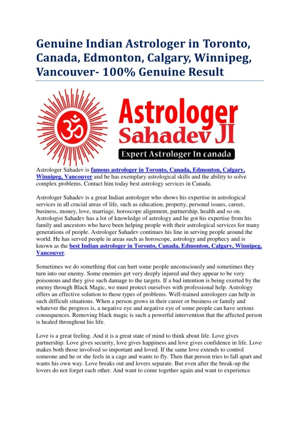 Genuine Indian Astrologer in Toronto, Canada, Edmonton, Calgary, Winnipeg, Vancouver- 100% Genuine Result