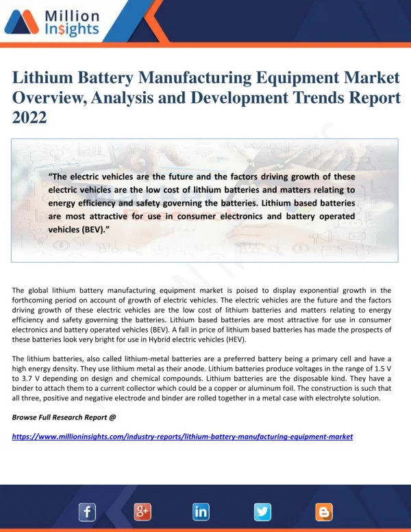 Lithium Battery Manufacturing Equipment Market Overview, Analysis and Development Trends Report 2022