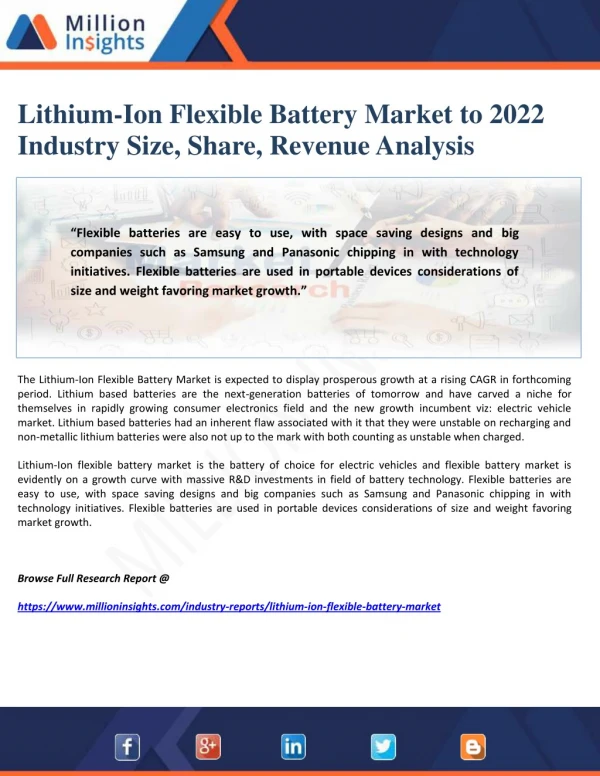 Lithium-Ion Flexible Battery Market to 2022 Industry Size, Share, Revenue Analysis