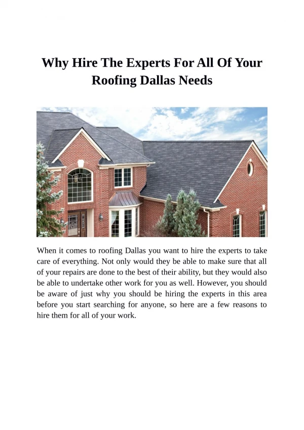 Why Hire The Experts For All Of Your Roofing Dallas Needs