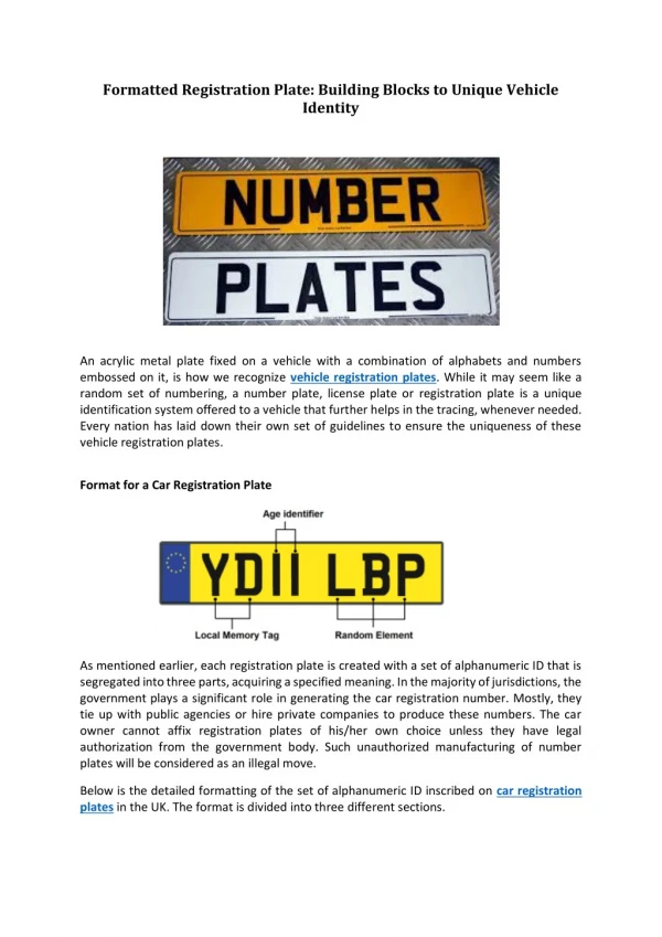 Formatted Registration Plate: Building Blocks to Unique Vehicle Identity