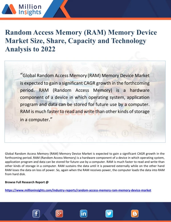 Random Access Memory (RAM) Memory Device Market Size, Share, Capacity and Technology Analysis to 2022