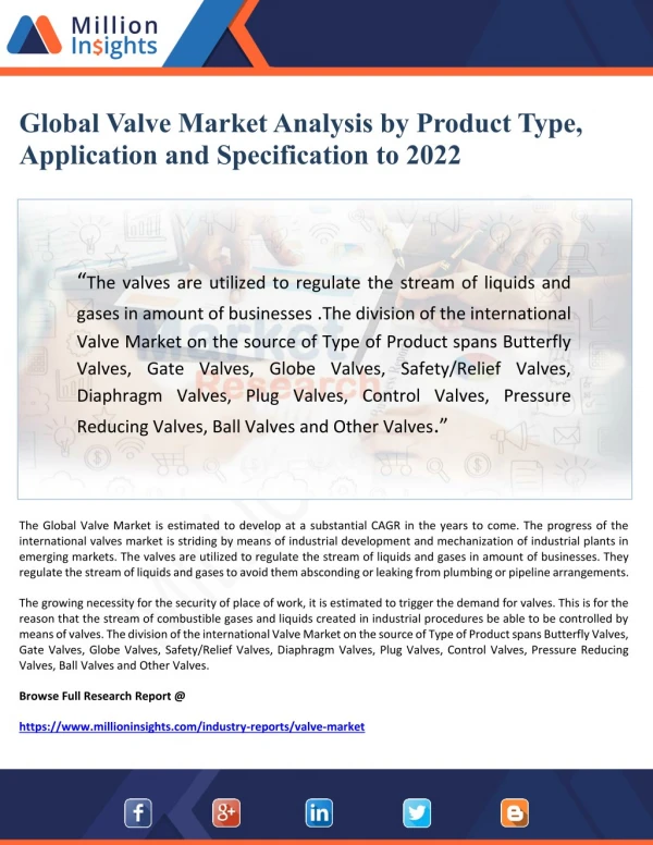 Global Valve Market Analysis by Product Type, Application and Specification to 2022