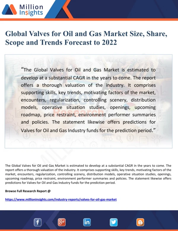 Global Valves for Oil and Gas Market Size, Share, Scope and Trends Forecast to 2022