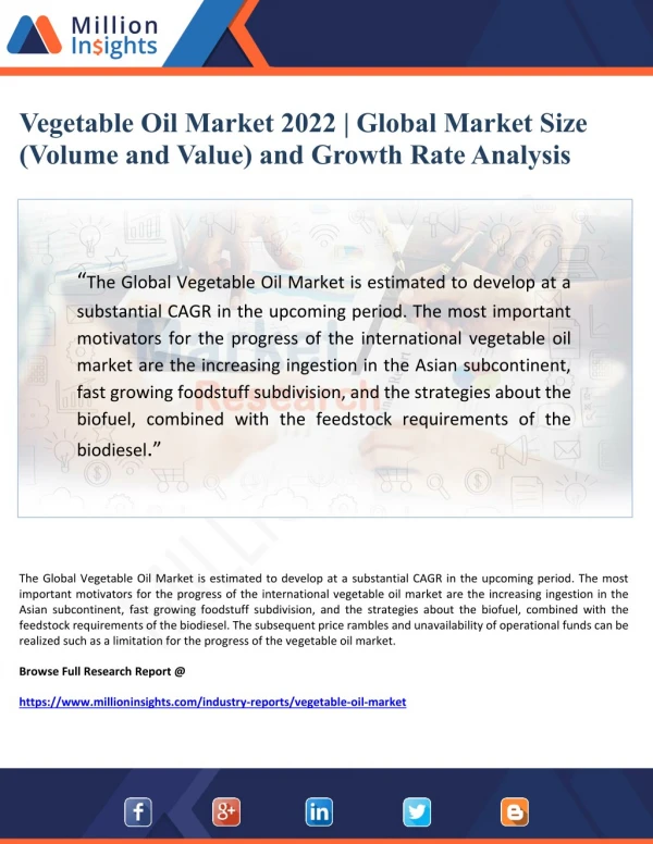 Vegetable Oil Market 2022 | Global Market Size (Volume and Value) and Growth Rate Analysis