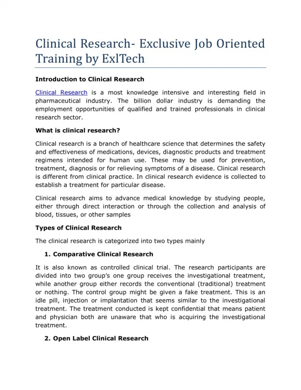 Clinical Research- Exclusive Job Oriented Training