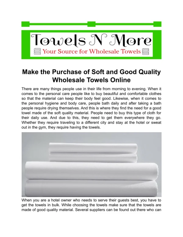 Make the Purchase of Soft and Good Quality Wholesale Towels Online