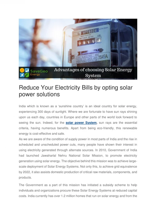 Reduce Your Electricity Bills by opting solar power solutions