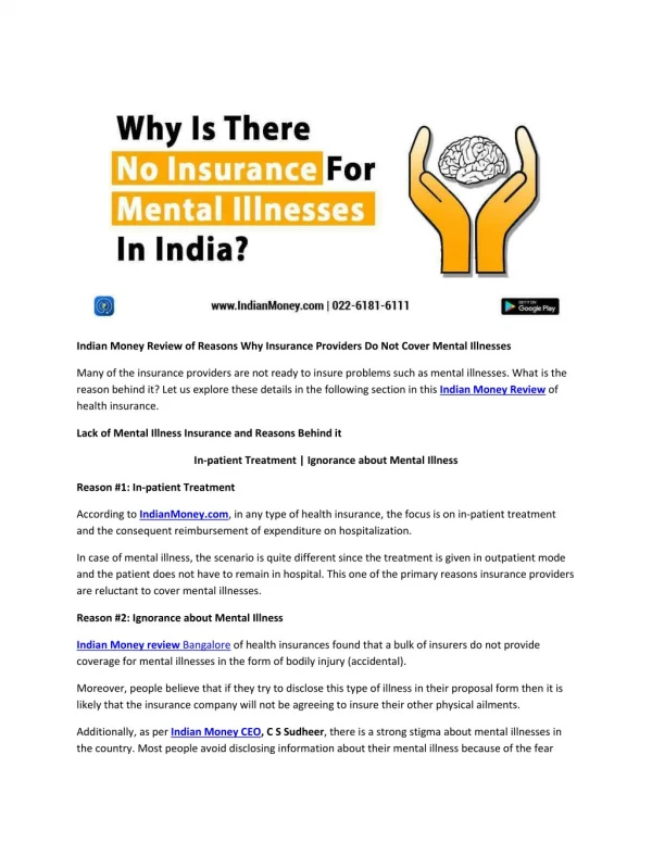 Indian Money Review of Reasons Why Insurance Providers Do Not Cover Mental Illnesses