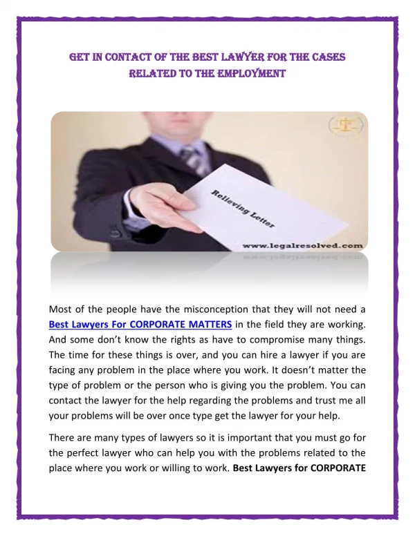 Get In Contact Of The Best Lawyer For The Cases Related To The Employment
