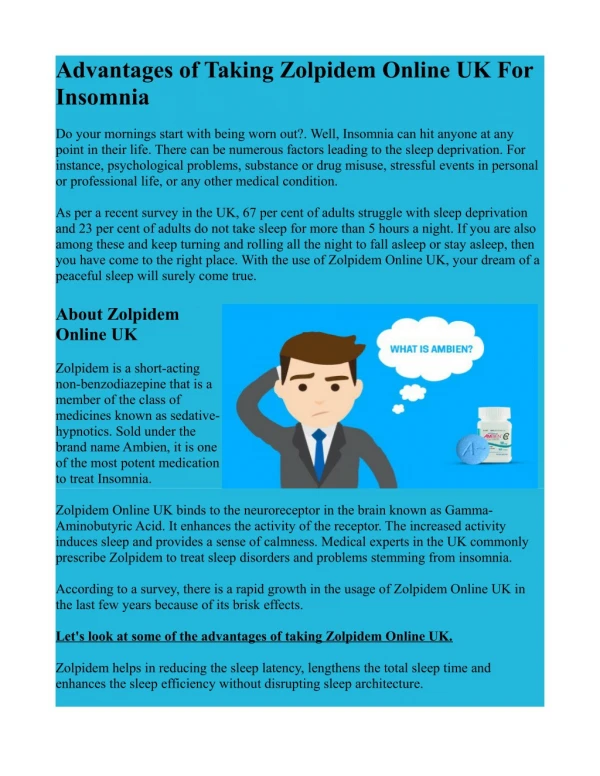 Advantages of Taking Zolpidem Online UK For Insomnia