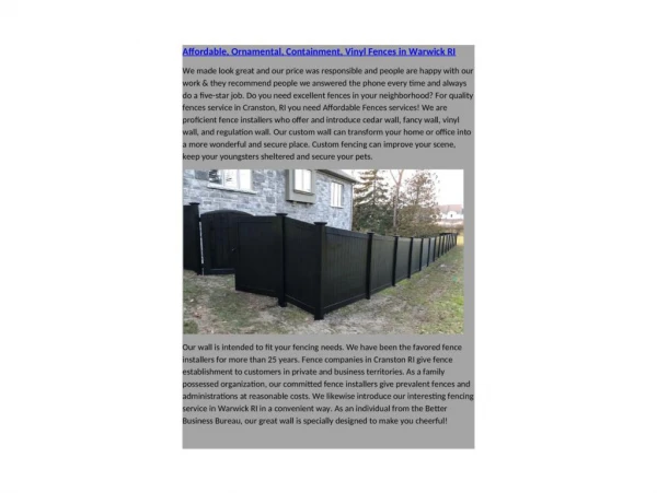 Affordable, Ornamental, Containment, Vinyl Fences in Warwick RI