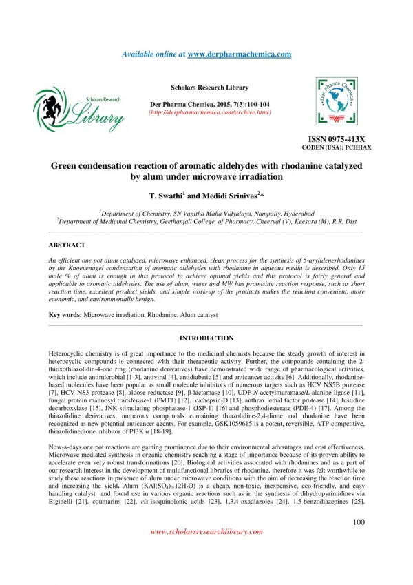 Green condensation reaction of aromatic aldehydes with rhodanine catalyzed by alum under microwave irradiation