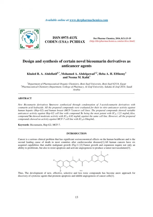 Design and synthesis of certain novel bicoumarin derivatives as anticancer agents