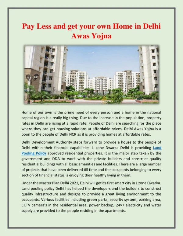 Pay Less and get your own Home in Delhi Awas Yojna