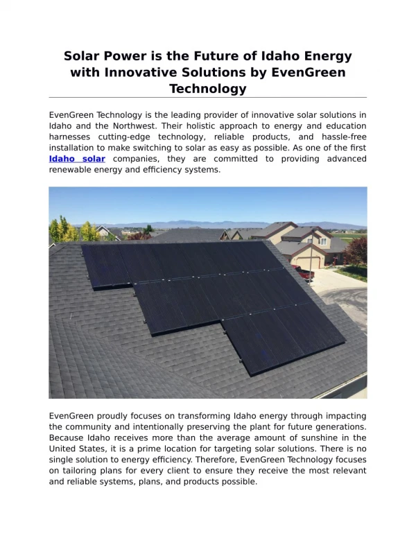 Solar Power is the Future of Idaho Energy with Innovative Solutions by EvenGreen Technology