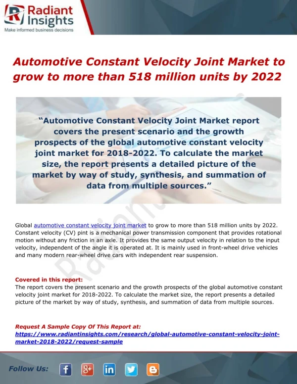 Automotive Constant Velocity Joint Market to grow to more than 518 million units by 2022