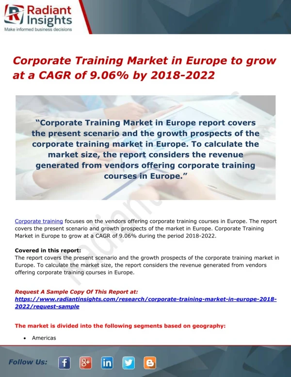 Corporate Training Market in Europe to grow at a CAGR of 9.06% by 2018-2022