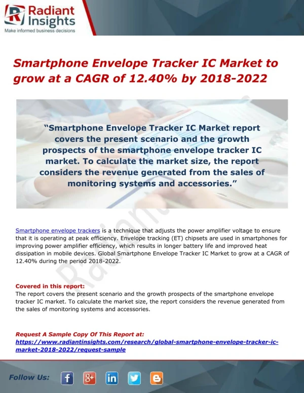 Smartphone Envelope Tracker IC Market to grow at a CAGR of 12.40% by 2018-2022