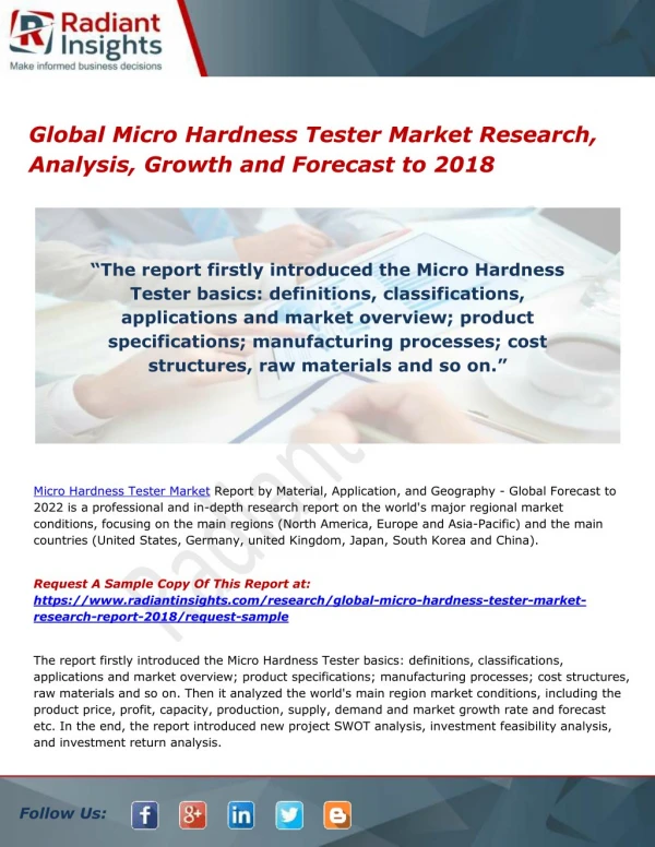 Global Micro Hardness Tester Market Research, Analysis, Growth and Forecast to 2018