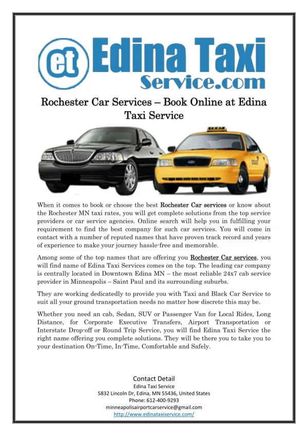 Rochester Car Services – Book Online at Edina Taxi Service