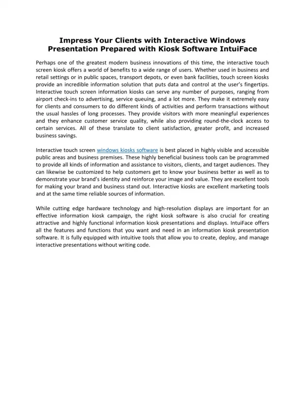 Impress Your Clients with Interactive Windows Presentation Prepared with Kiosk Software IntuiFace