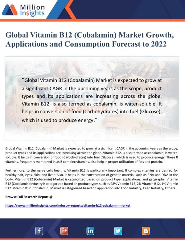 Global Vitamin B12 (Cobalamin) Market Growth, Applications and Consumption Forecast to 2022